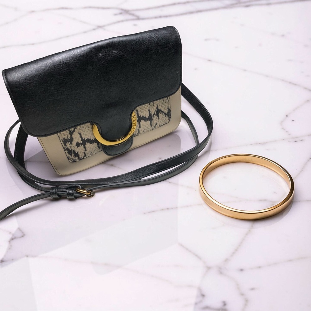 Rachel Zoe Crossbody Mini Snakeskin Black & Cream Gold Hardware Structured Bag